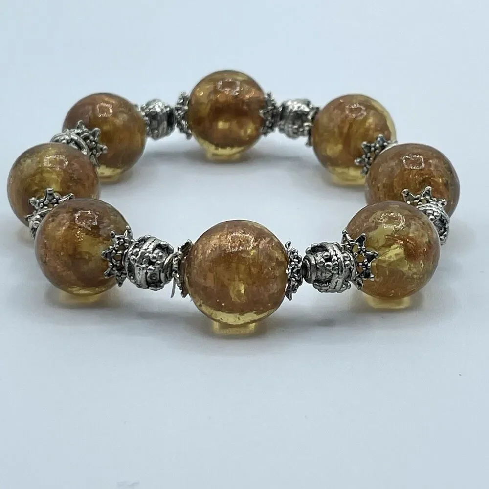 Stunning Amber Color Murano Glass Beaded Statement Stretch Bracelet Boho Bold